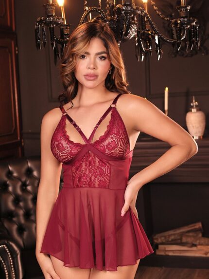 Baby Doll de Encaje con Falda y Tanga